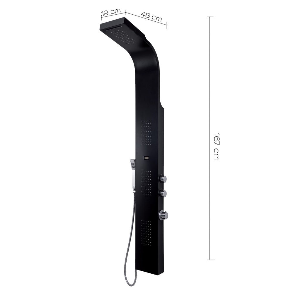 Pannello doccia multifunzione in acciaio inox nero h166 cm con getto a cascata e miscelatore termostatico Spa 01