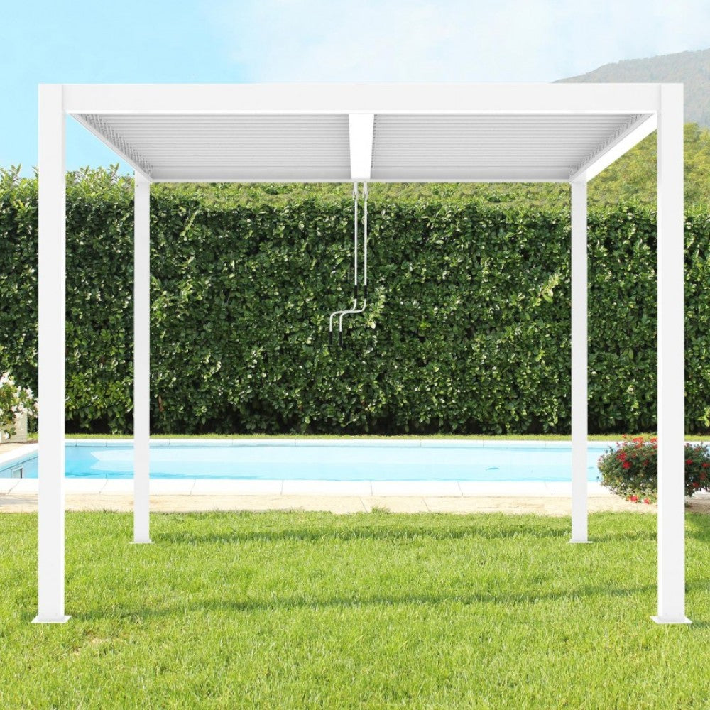 Pergola bioclimatica 3x3 mt. in alluminio con copertura a lamelle frangisole divise in due sezioni resistente alle intemperie