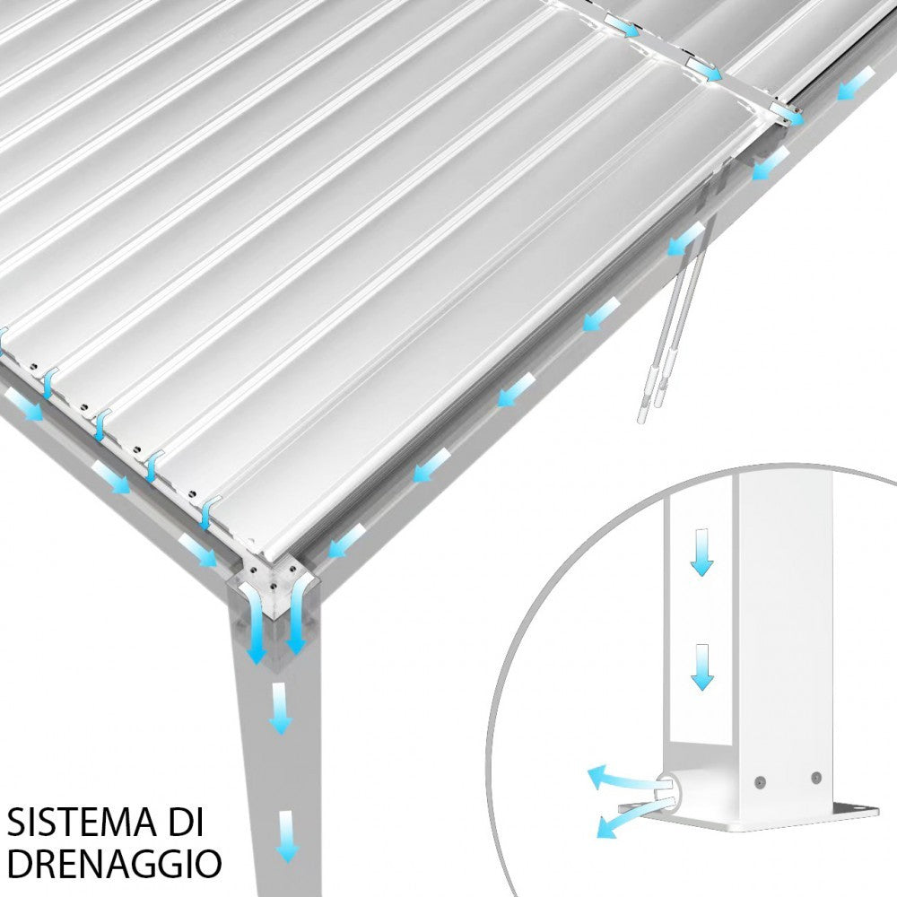 Pergola bioclimatica 3x3 mt. in alluminio con copertura a lamelle frangisole divise in due sezioni resistente alle intemperie