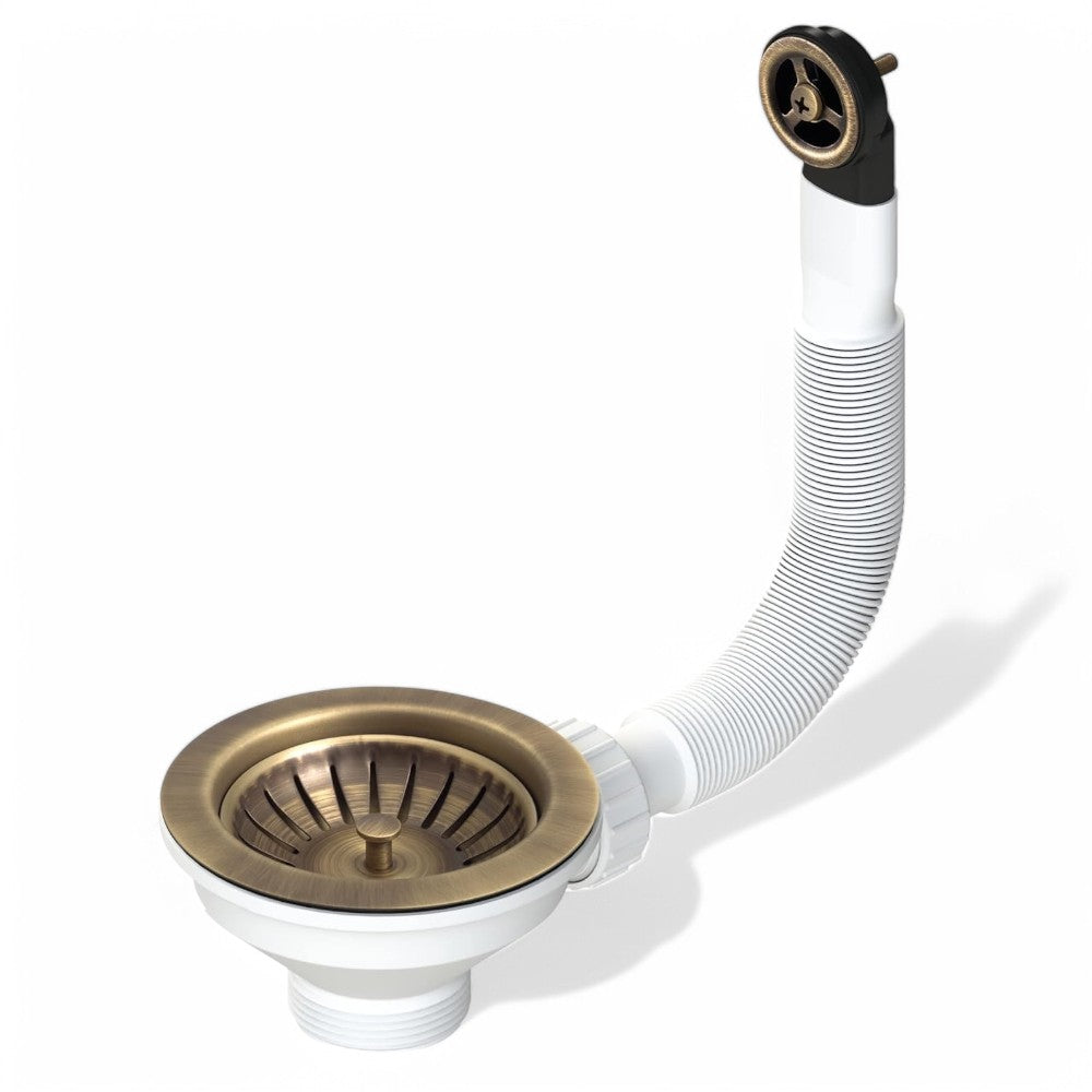 Piletta in ottone anticato per lavello con troppo pieno rotondo estensibile diametro 11.4 cm