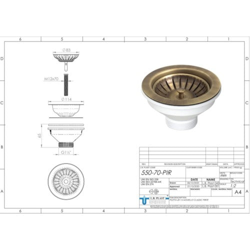 Piletta per lavello in ottone anticato diametro 11.4 cm
