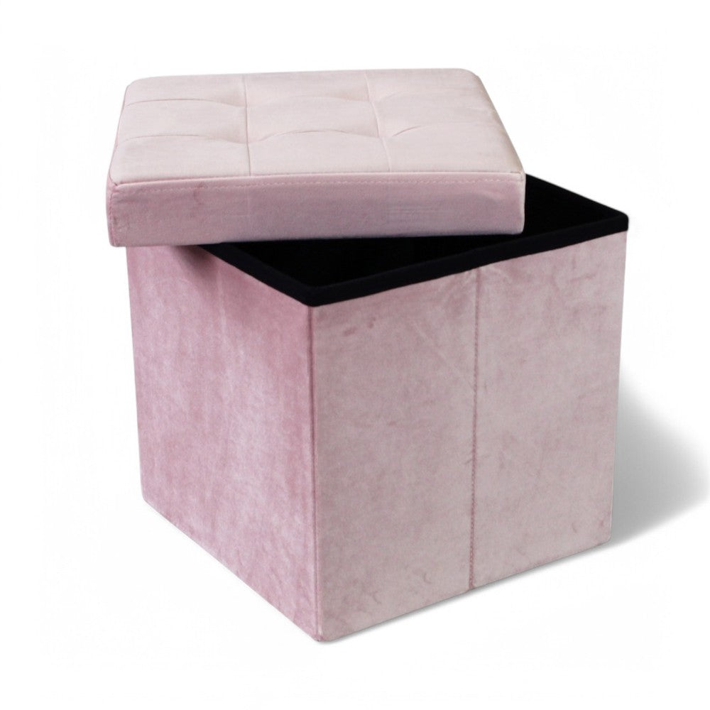 Pouf de rangement carré en velours rose