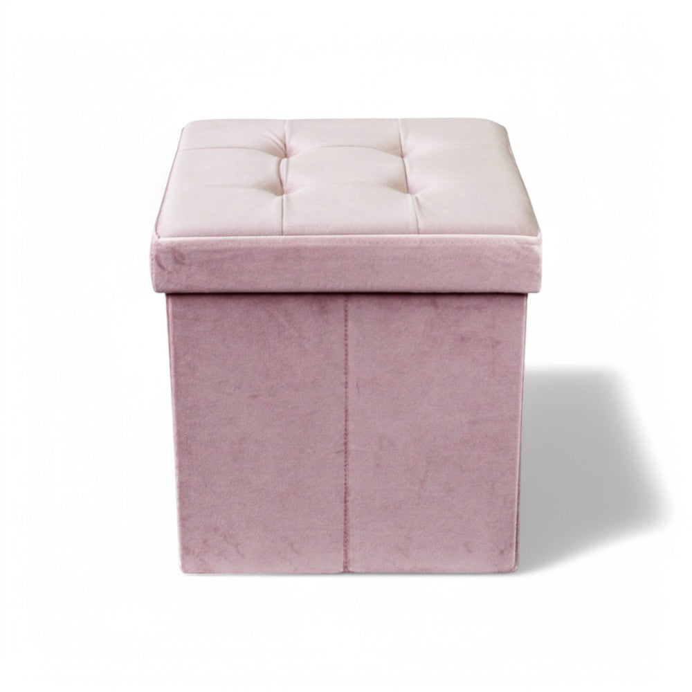 Pouf de rangement carré en velours rose