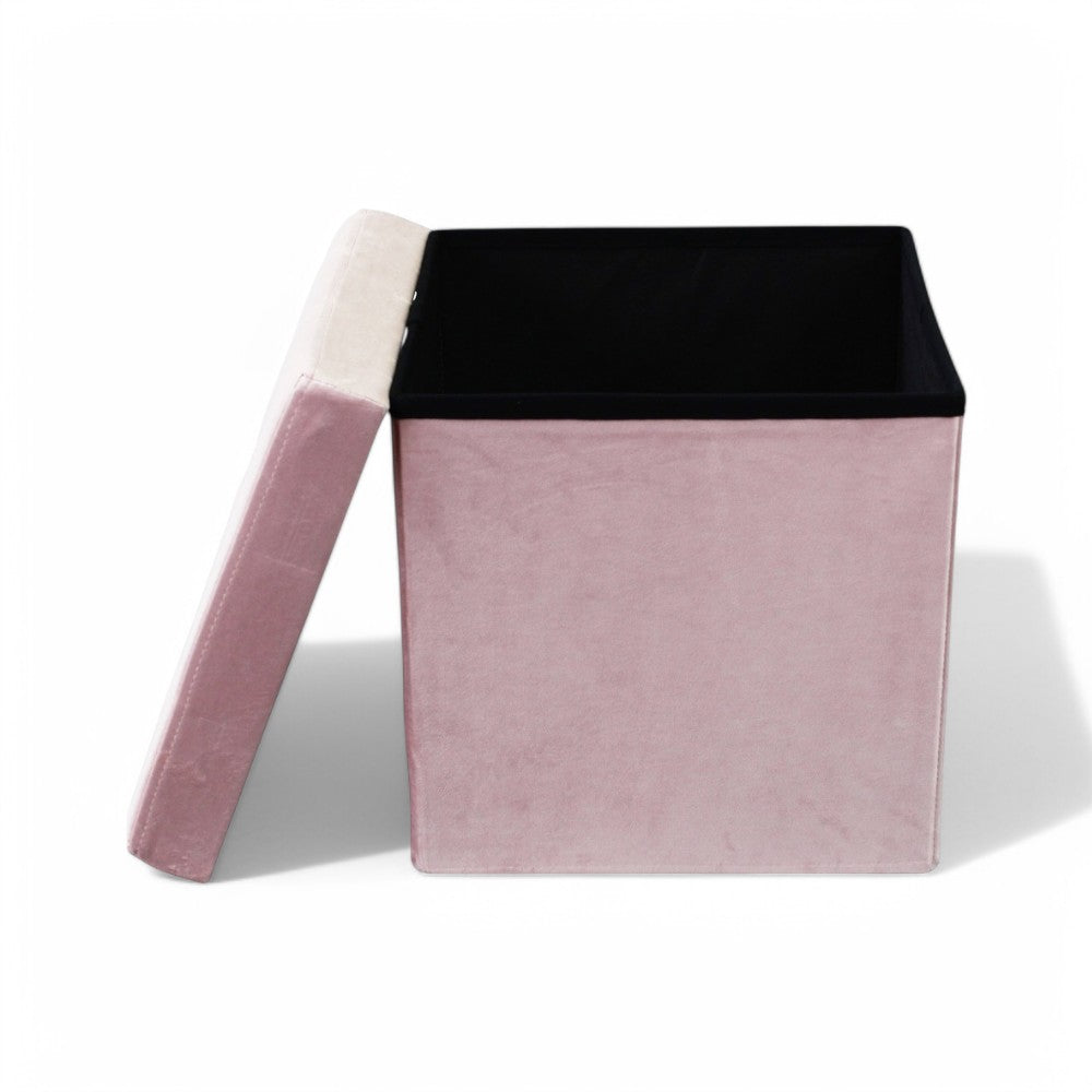 Pouf de rangement carré en velours rose