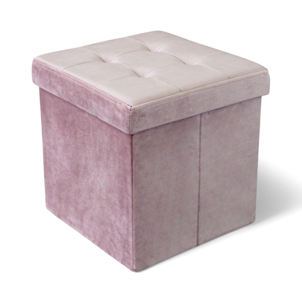 Pouf de rangement carré en velours rose