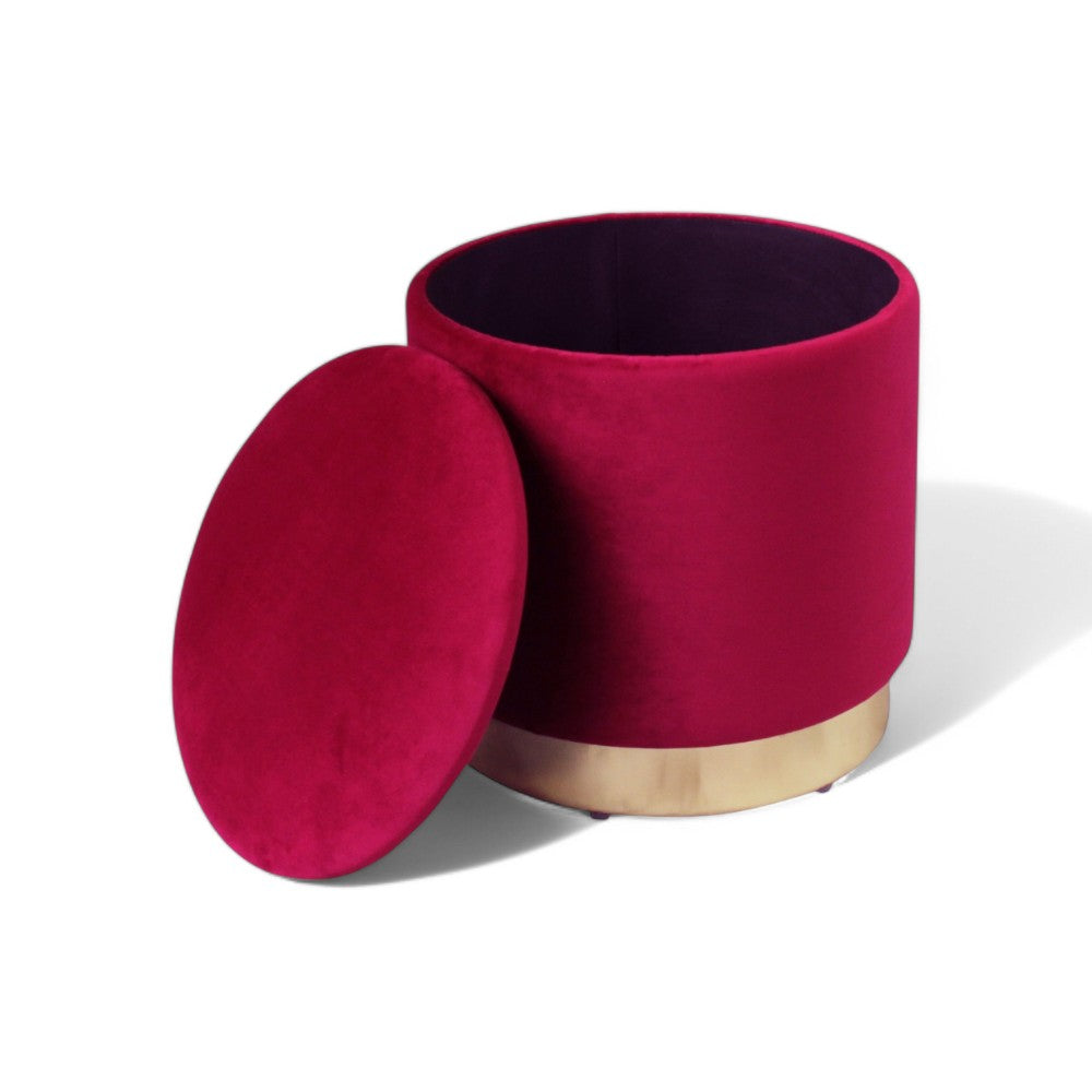 Pouf de rangement rond en velours bordeaux