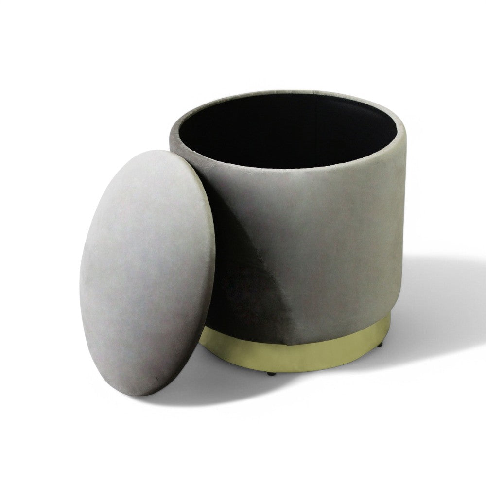 Pouf de rangement rond en velours gris tourterelle