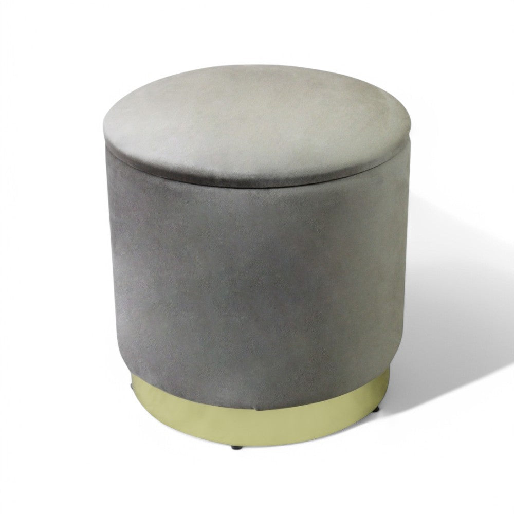 Pouf de rangement rond en velours gris tourterelle