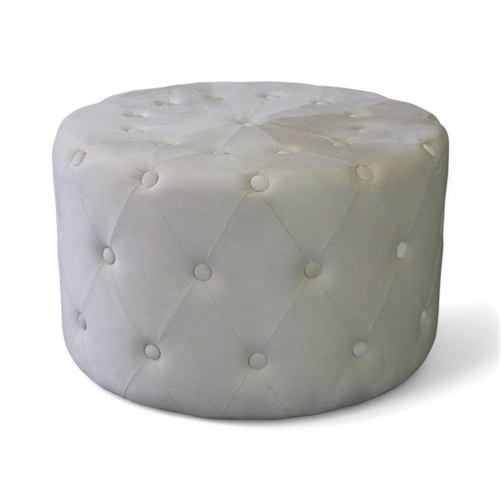 Pouf rotondo in velluto beige design moderno bottonato con diametro 67xH41 cm