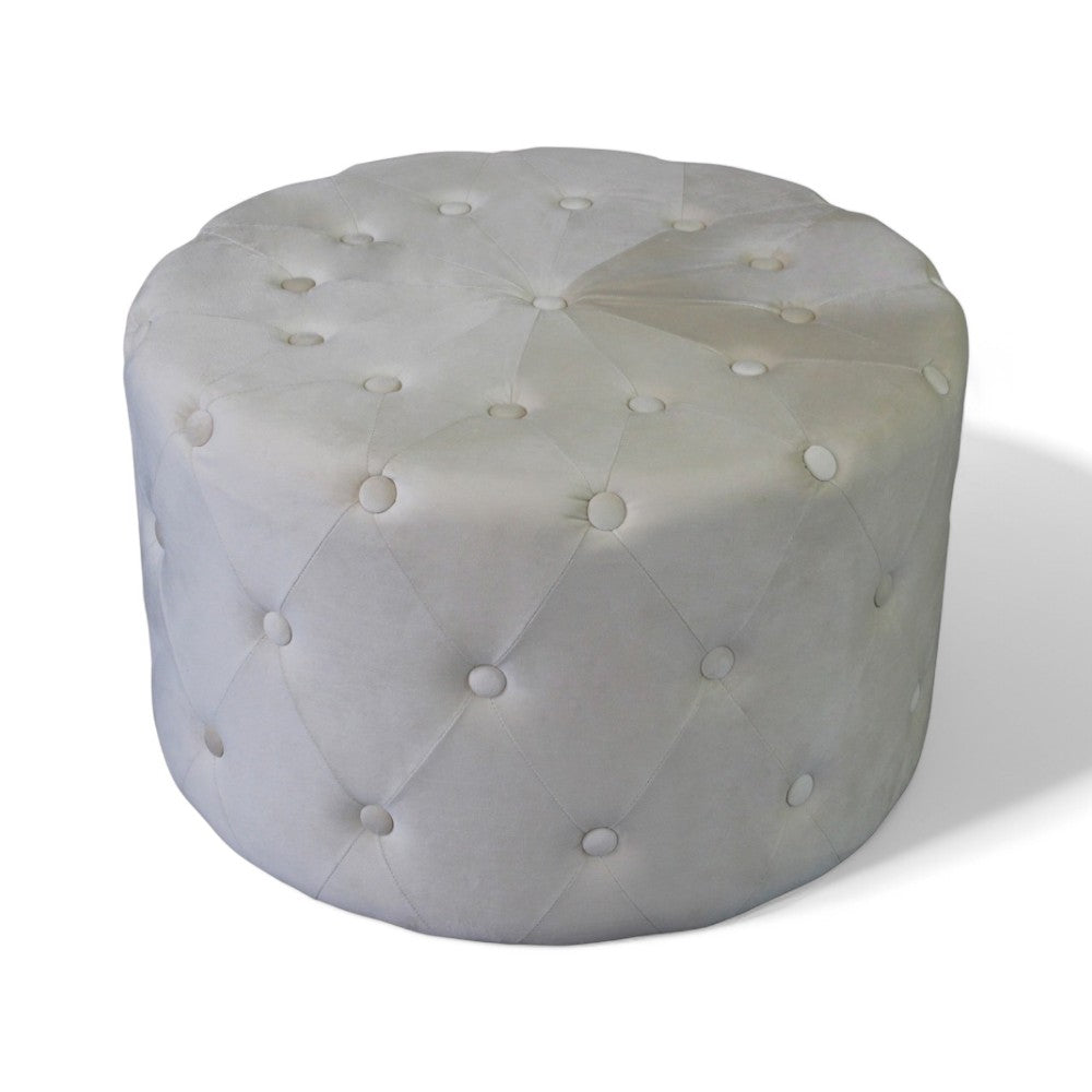 Pouf rotondo in velluto beige design moderno bottonato con diametro 67xH41 cm