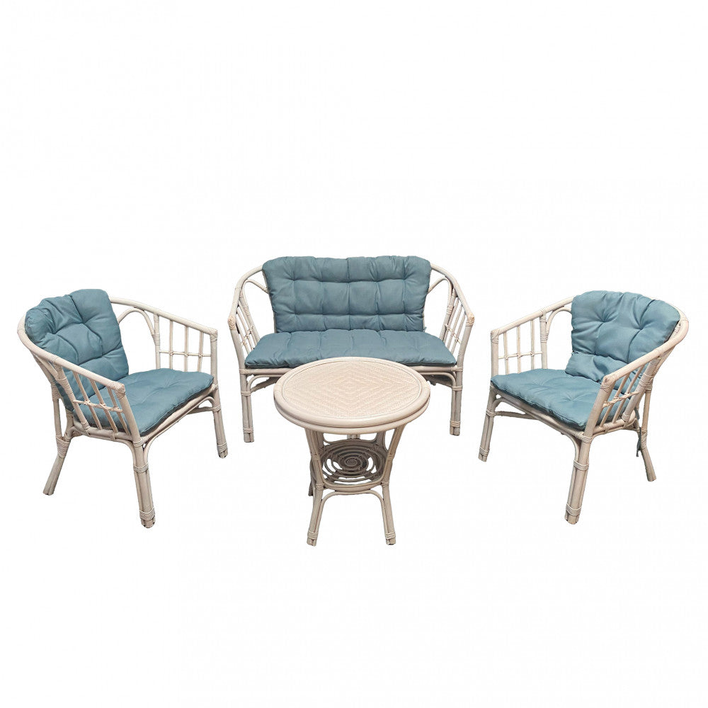 Salotto da esterno 4 posti con cuscini imbottiti e struttura in legno wicker con tavolino