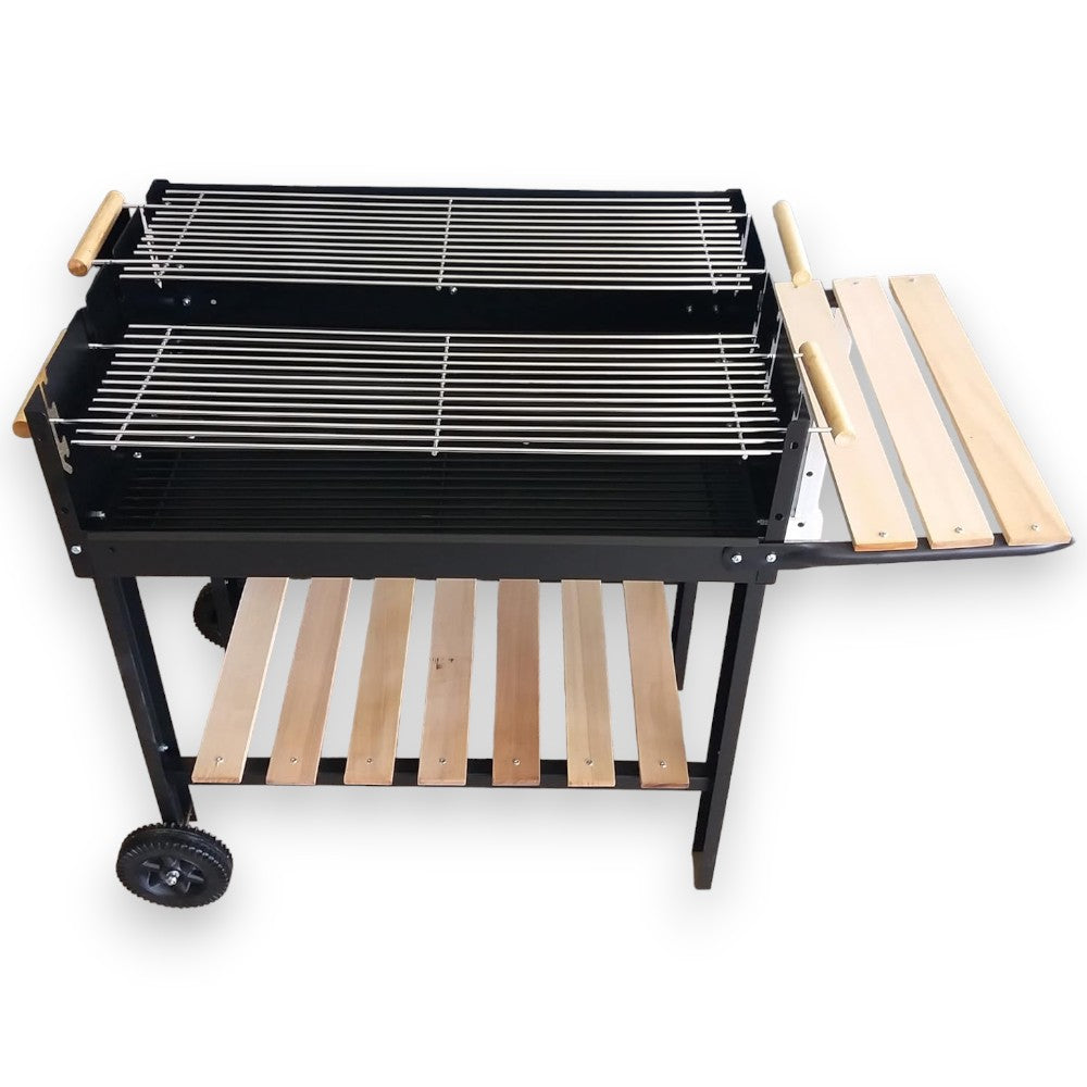 Barbecue rectangulaire avec étagères en bois et 2 grilles TEXAS réglables