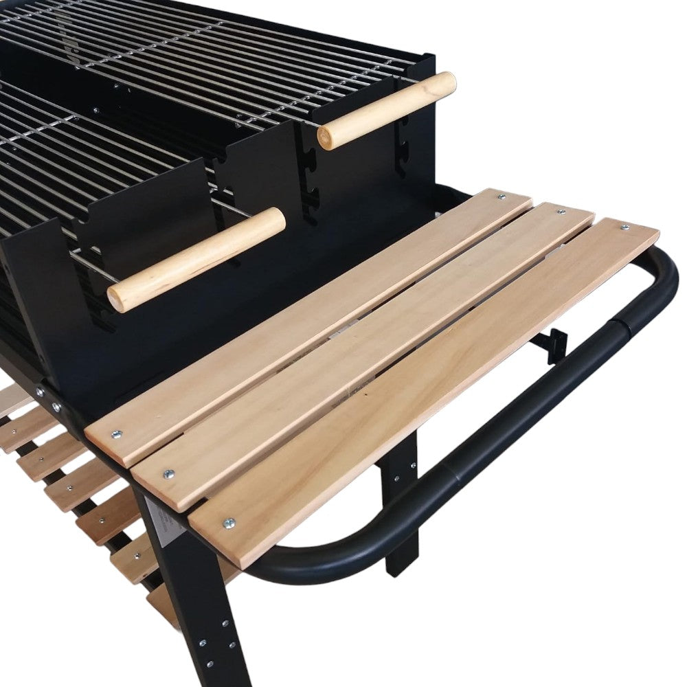 Barbecue rectangulaire avec étagères en bois et 2 grilles TEXAS réglables