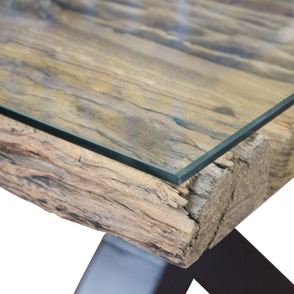 Tavolo rettangolare piano in legno con vetro con struttura in metallo 100x200xH77 cm Maverick