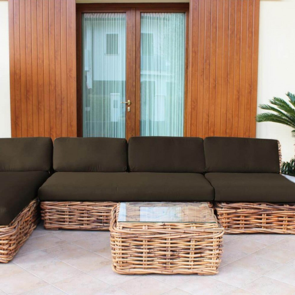Tavolino in legno e big rattan con vetro 38x78x56 cm per salotto esterno