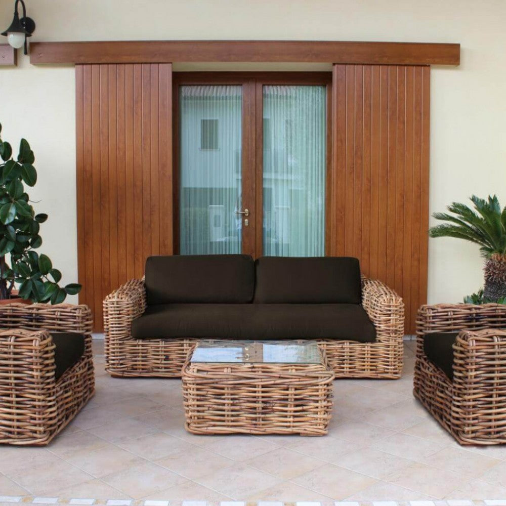 Tavolino in legno e big rattan con vetro 38x78x56 cm per salotto esterno