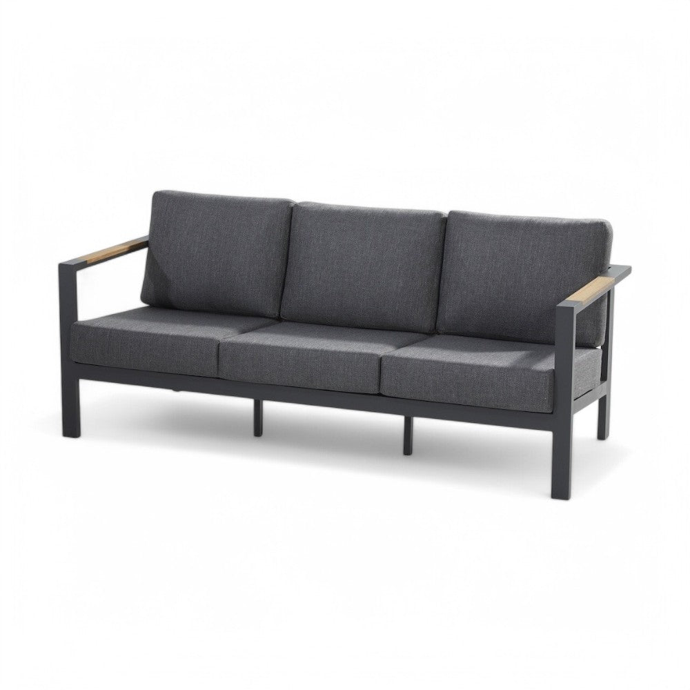 Salotto da giardino in alluminio antracite 2 poltrone 1 tavolino e 1 divano con cuscini Croba