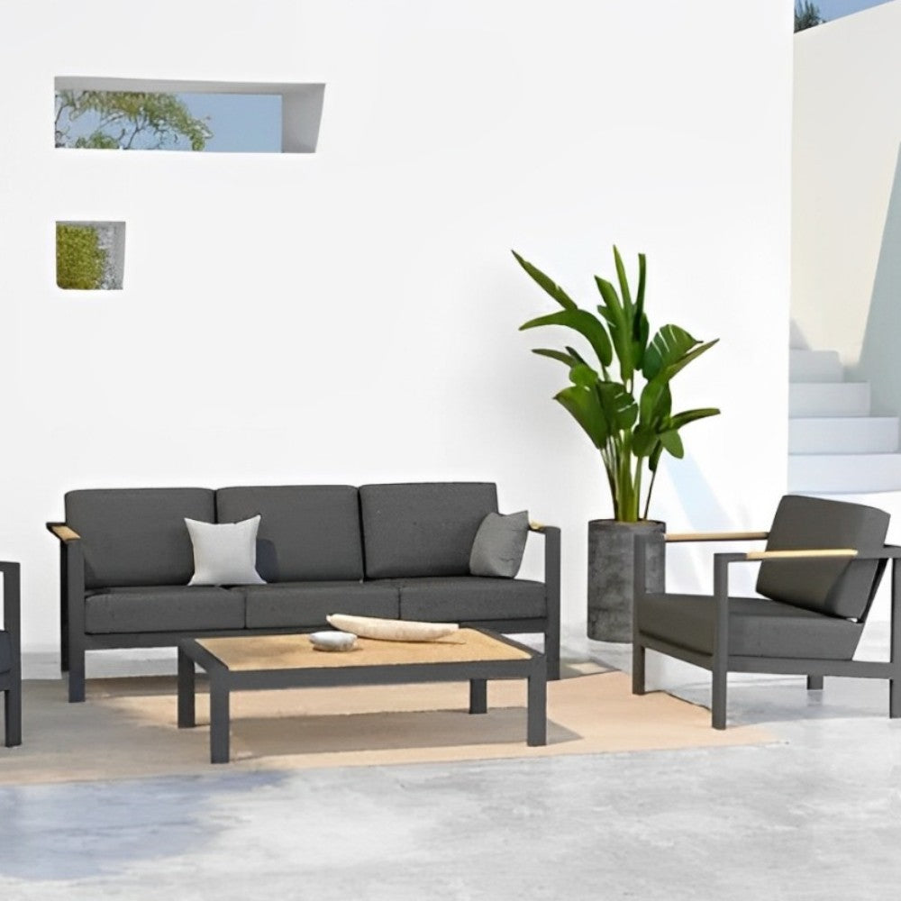 Salotto da giardino in alluminio antracite 2 poltrone 1 tavolino e 1 divano con cuscini Croba