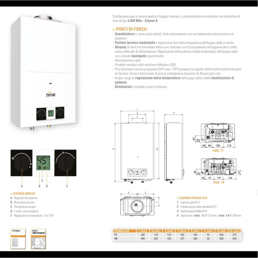 Scaldabagno a gas camera aperta con display Pegaso Eco