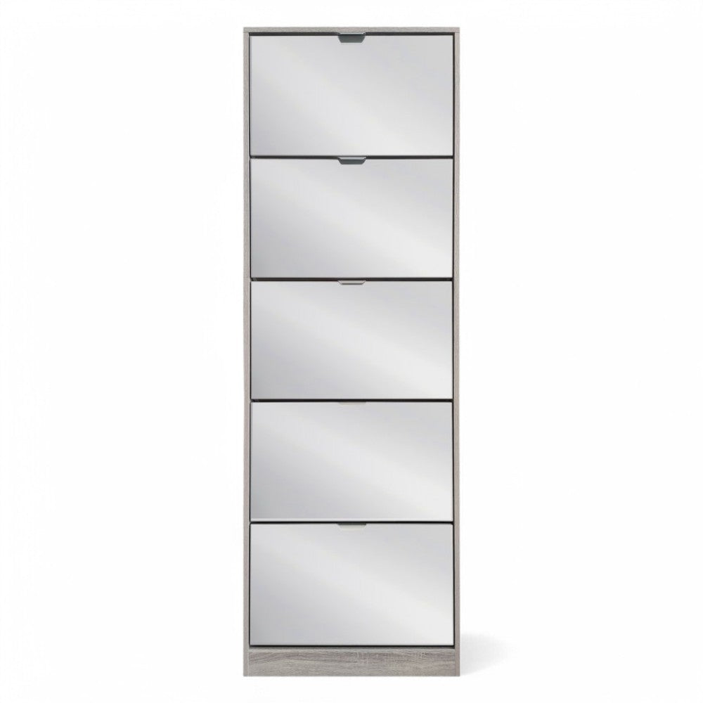Scarpiera verticale 5 ante in legno truciolare bilaminato grigio chiaro con specchio 60x24xH180 cm