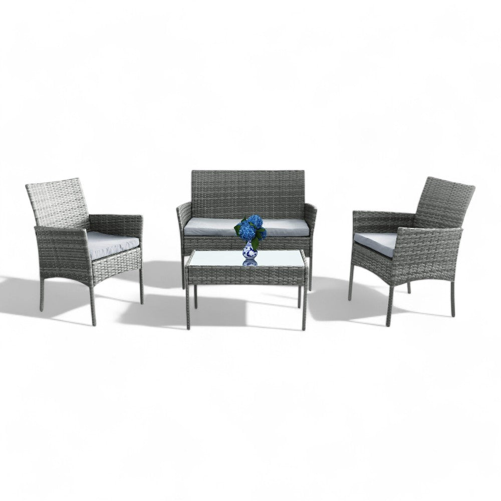 Salon de jardin 4 places avec structure aluminium et osier avec coussins amovibles et table basse Venezuela