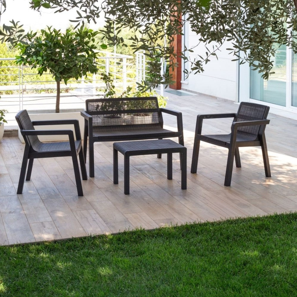 Set salotto composto da 2 sedute 1 divanetto e 1 tavolino con finitura in effetto Juta riviera antracite da esterno