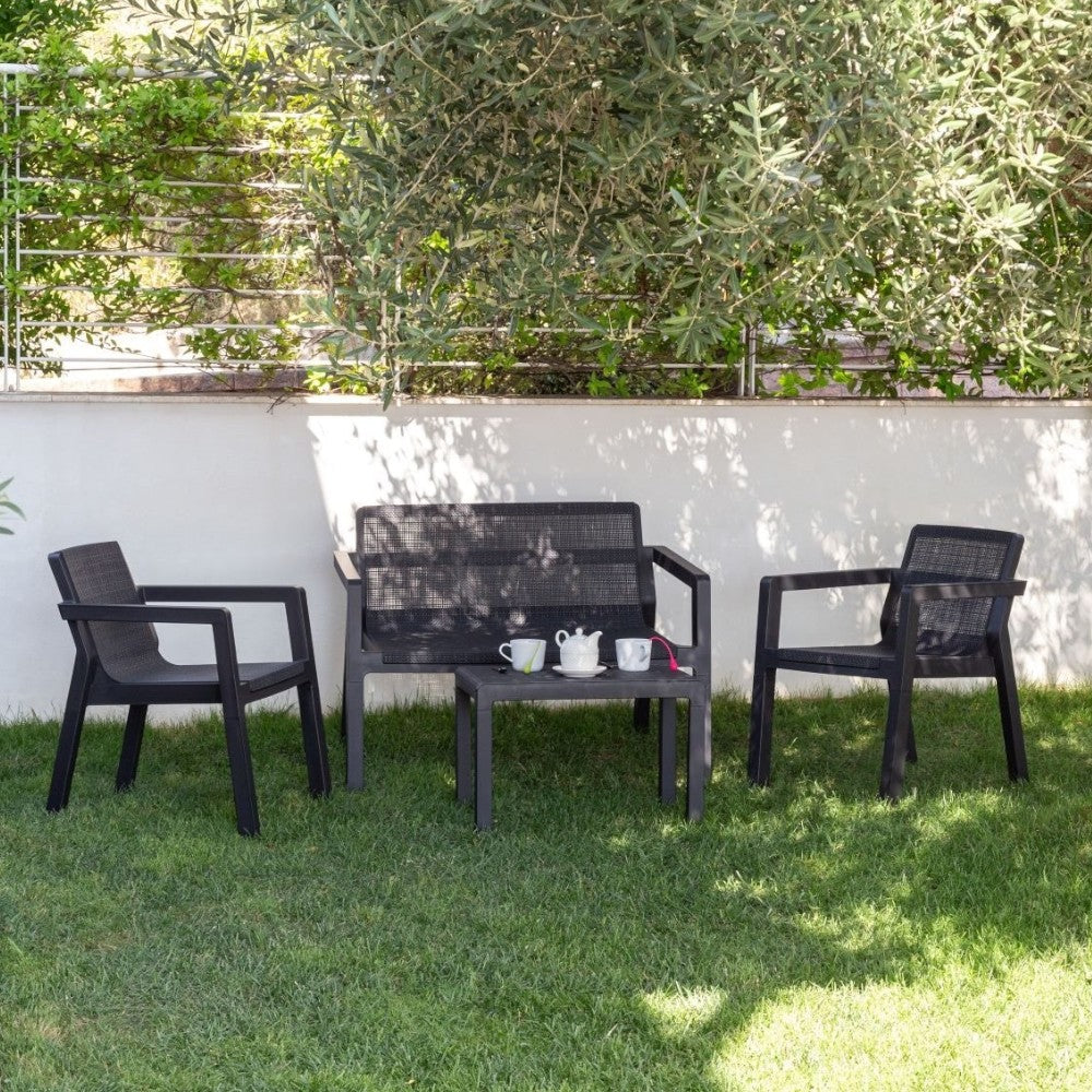 Set salotto composto da 2 sedute 1 divanetto e 1 tavolino con finitura in effetto Juta riviera antracite da esterno
