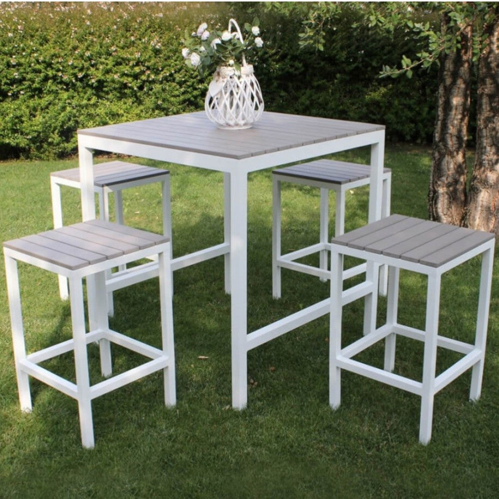 Table carrée de 80x80 cm de hauteur avec 4 tabourets en aluminium avec plateau en polywood effet bois en lattes Voga