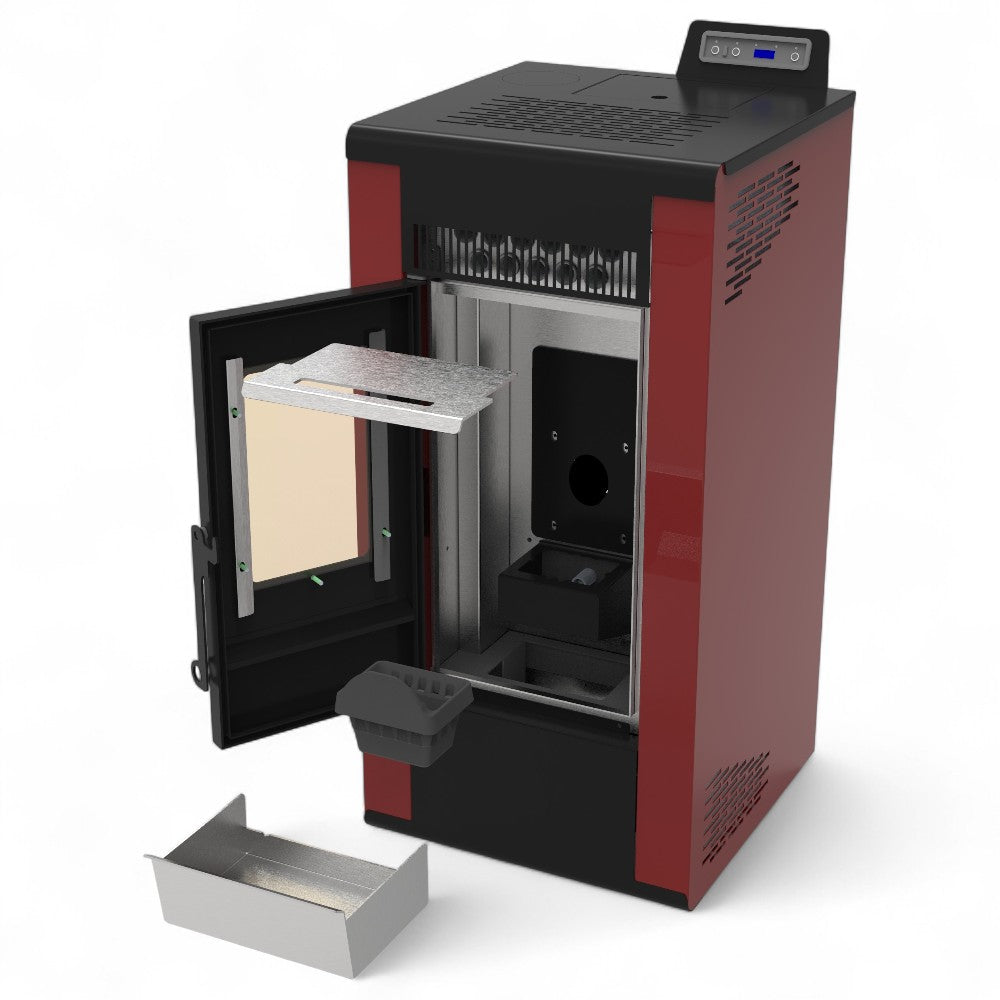 Stufa a pellet ventilata in acciaio verniciato e vetro ceramicato 8 Kw bordeaux e nera A+ Roxy 8