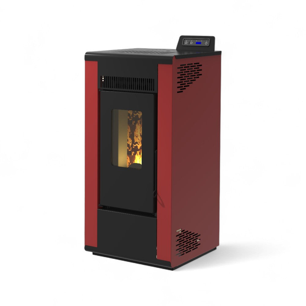 Stufa a pellet ventilata in acciaio verniciato e vetro ceramicato 8 Kw bordeaux e nera A+ Roxy 8