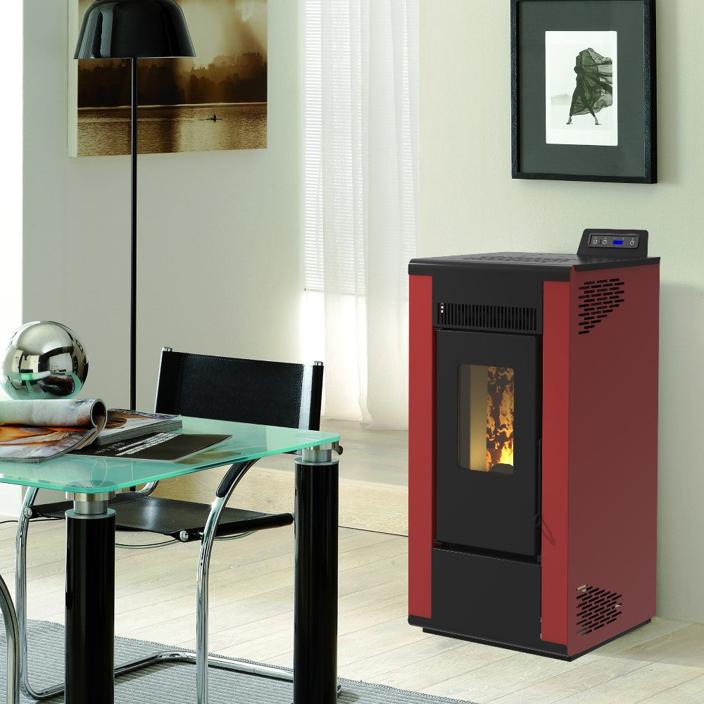 Stufa a pellet ventilata in acciaio verniciato e vetro ceramicato 8 Kw bordeaux e nera A+ Roxy 8