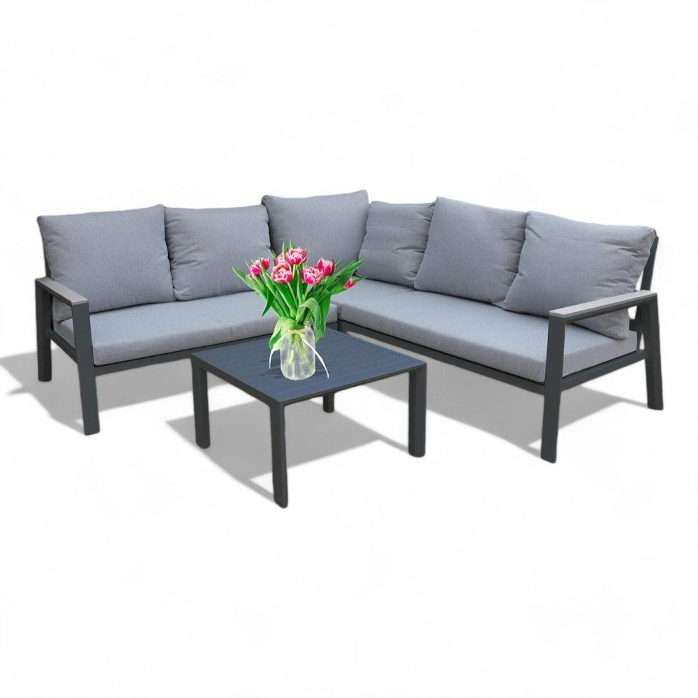 Salon d'angle extérieur 6 places avec structure aluminium et table basse Soraya
