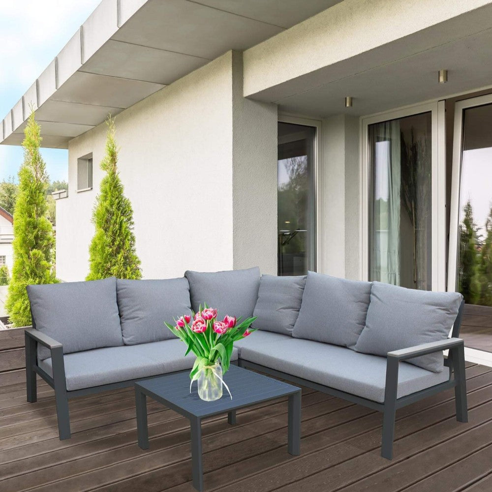 Salon d'angle extérieur 6 places avec structure aluminium et table basse Soraya