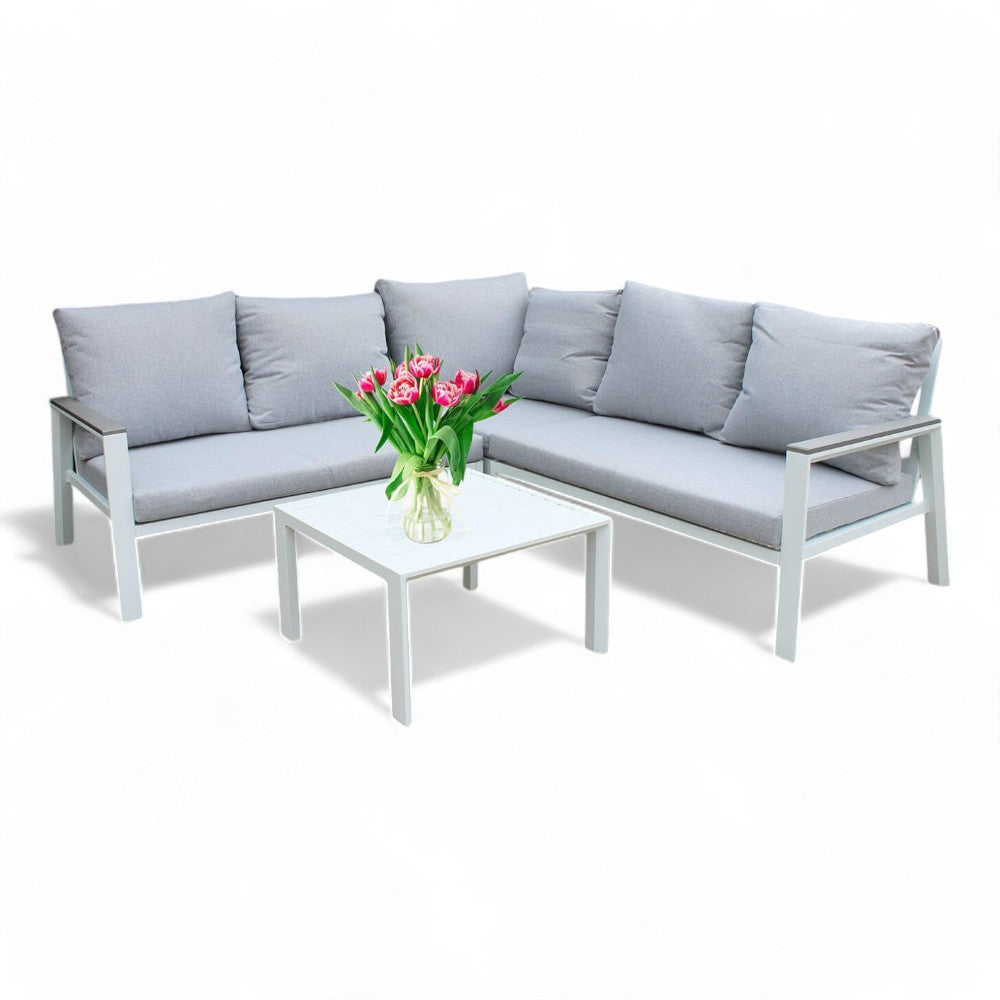 Salon d'angle extérieur 6 places avec structure aluminium et table basse Soraya