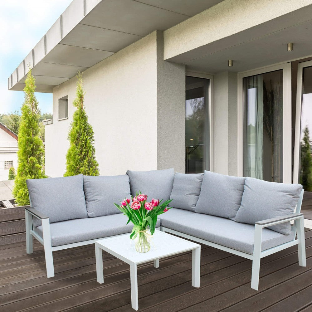 Salon d'angle extérieur 6 places avec structure aluminium et table basse Soraya