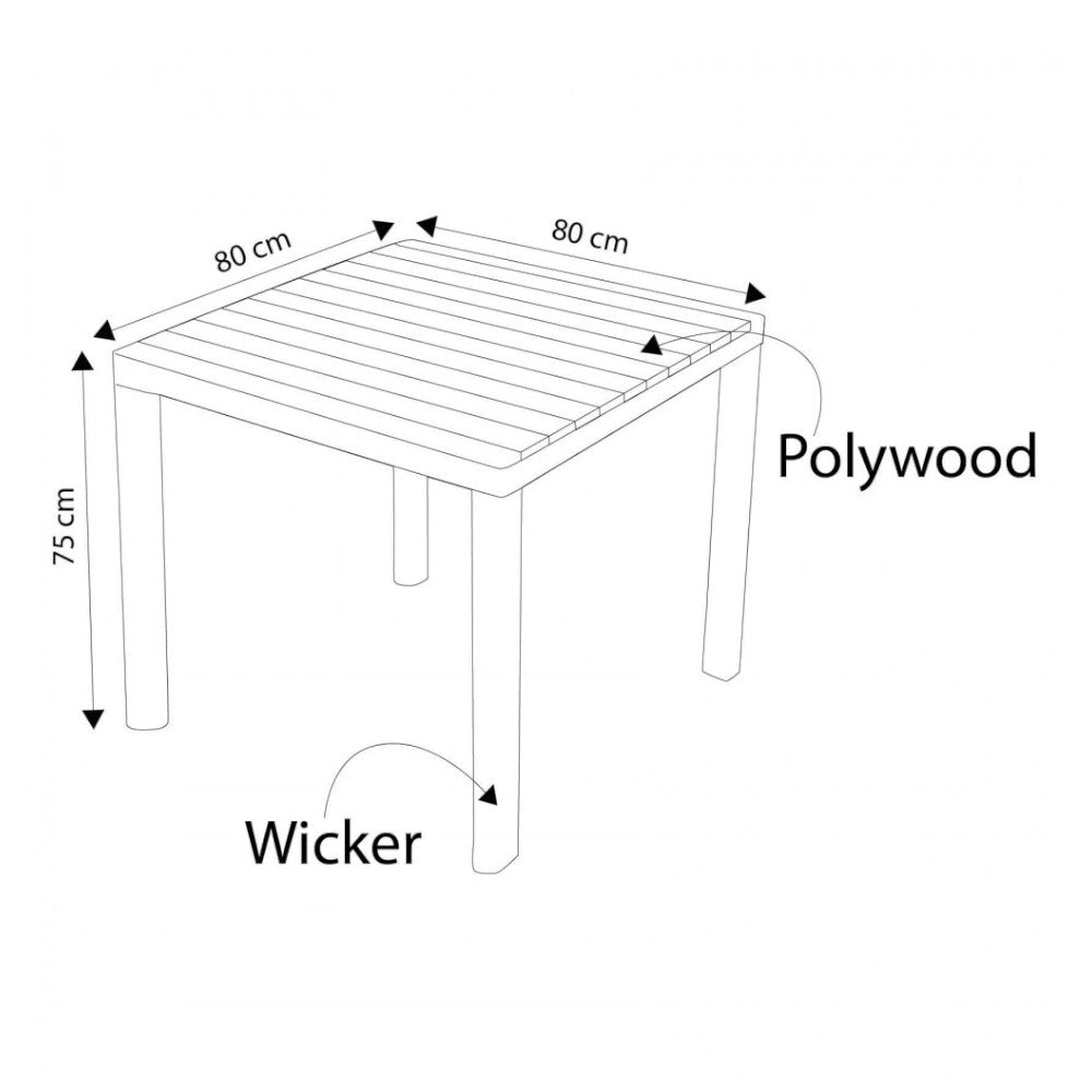 Table carrée 80x80 cm pour jardin extérieur avec structure en aluminium recouverte d'osier avec plateau effet lattes de Majorque