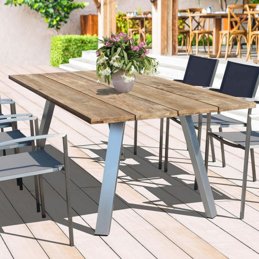 Table de jardin d'extérieur 200x100 cm avec structure en aluminium et plateau en bois de teck avec lattes Antigua