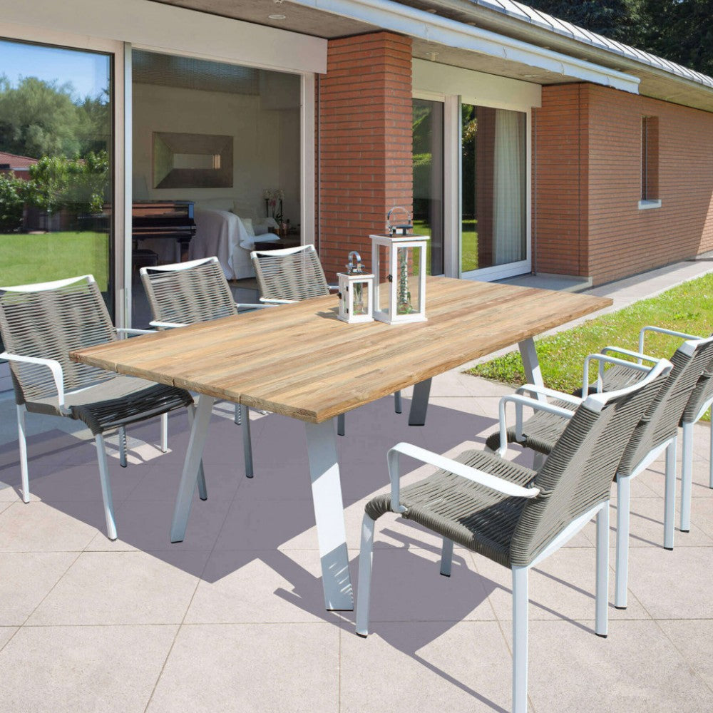 Table de jardin d'extérieur 200x100 cm avec structure en aluminium et plateau en bois de teck avec lattes Antigua