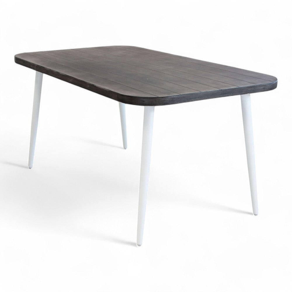Table de jardin d'extérieur 160x90 cm avec structure en aluminium blanc et plateau effet bois gris Nevada