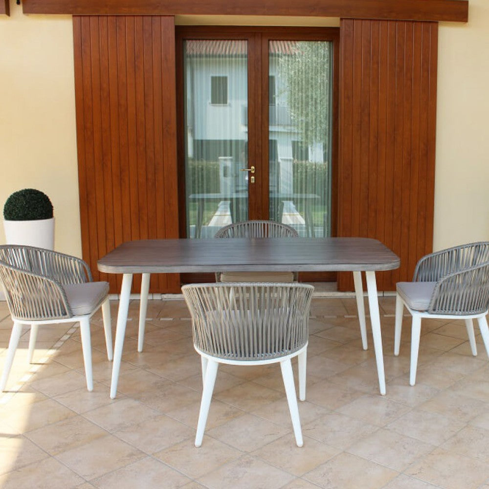 Table de jardin d'extérieur 160x90 cm avec structure en aluminium blanc et plateau effet bois gris Nevada