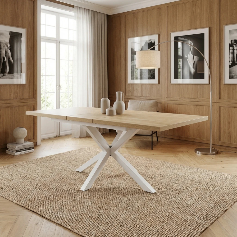 Tavolo allungabile con piano in mdf naturale e struttura in metallo bianco 90x160/200xH75 cm Gariè