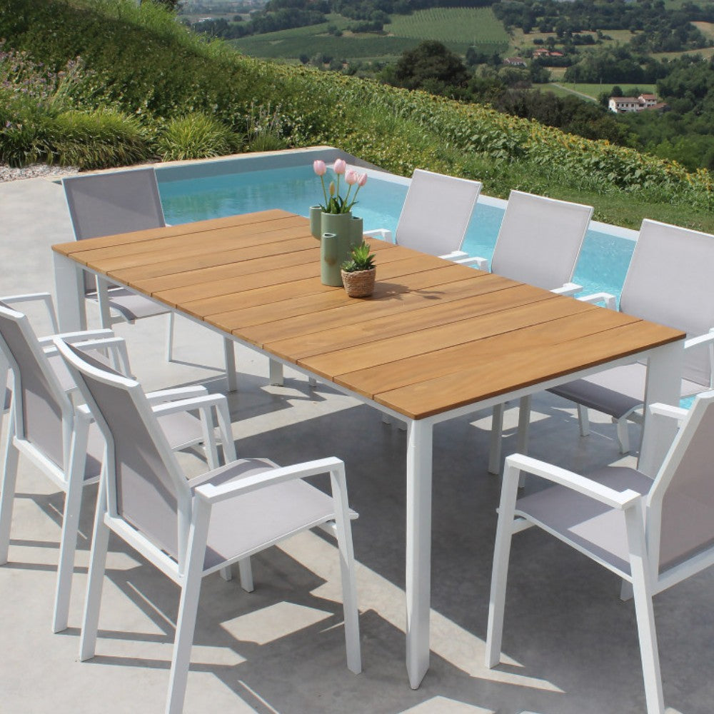 Tavolo allungabile rettangolare con struttura in alluminio e piano in teak  211x100xH75 cm
