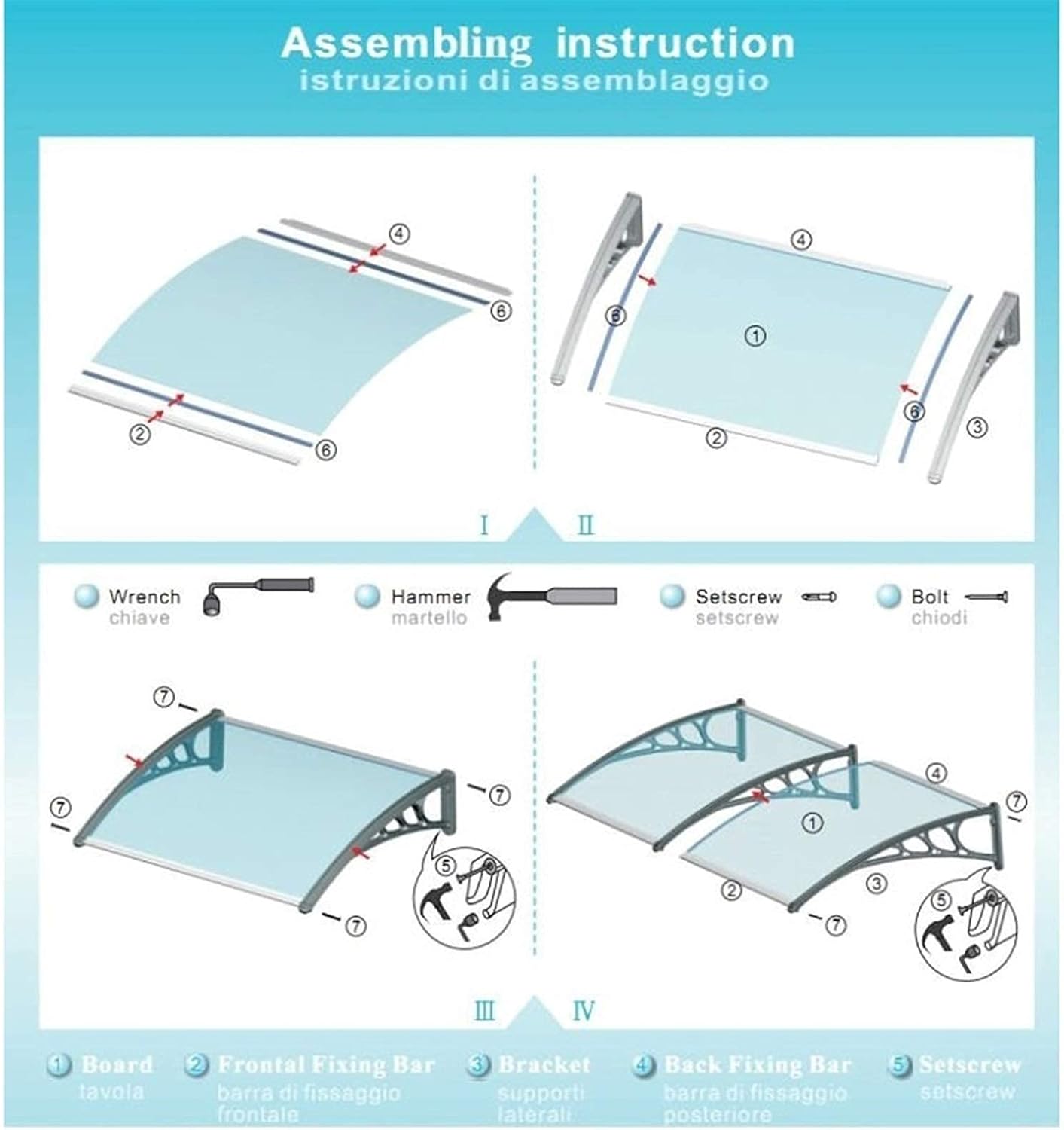 Abri auvent avec panneau transparent et kit de fixation murale 