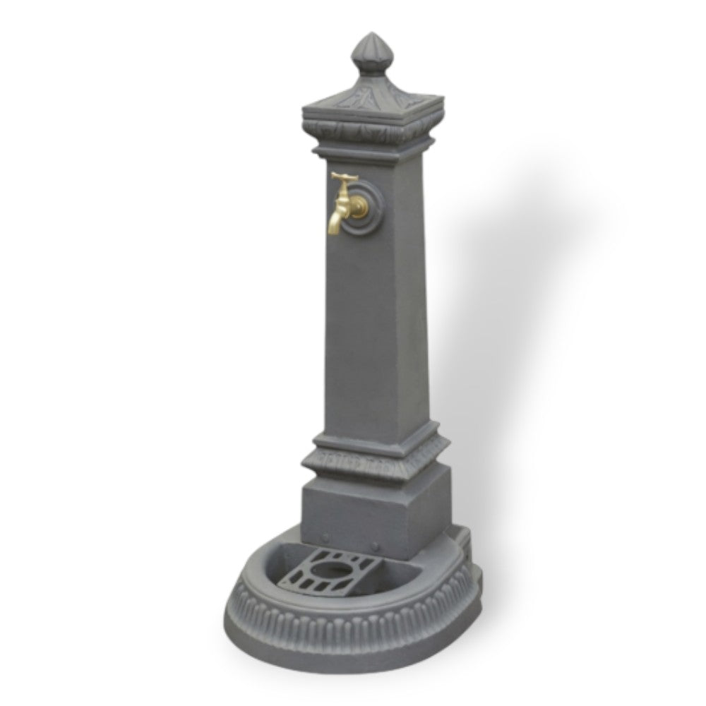 Fontana a colonna in ghisa decorata antracite con vasca troppo pieno e scarico non filettato Malin