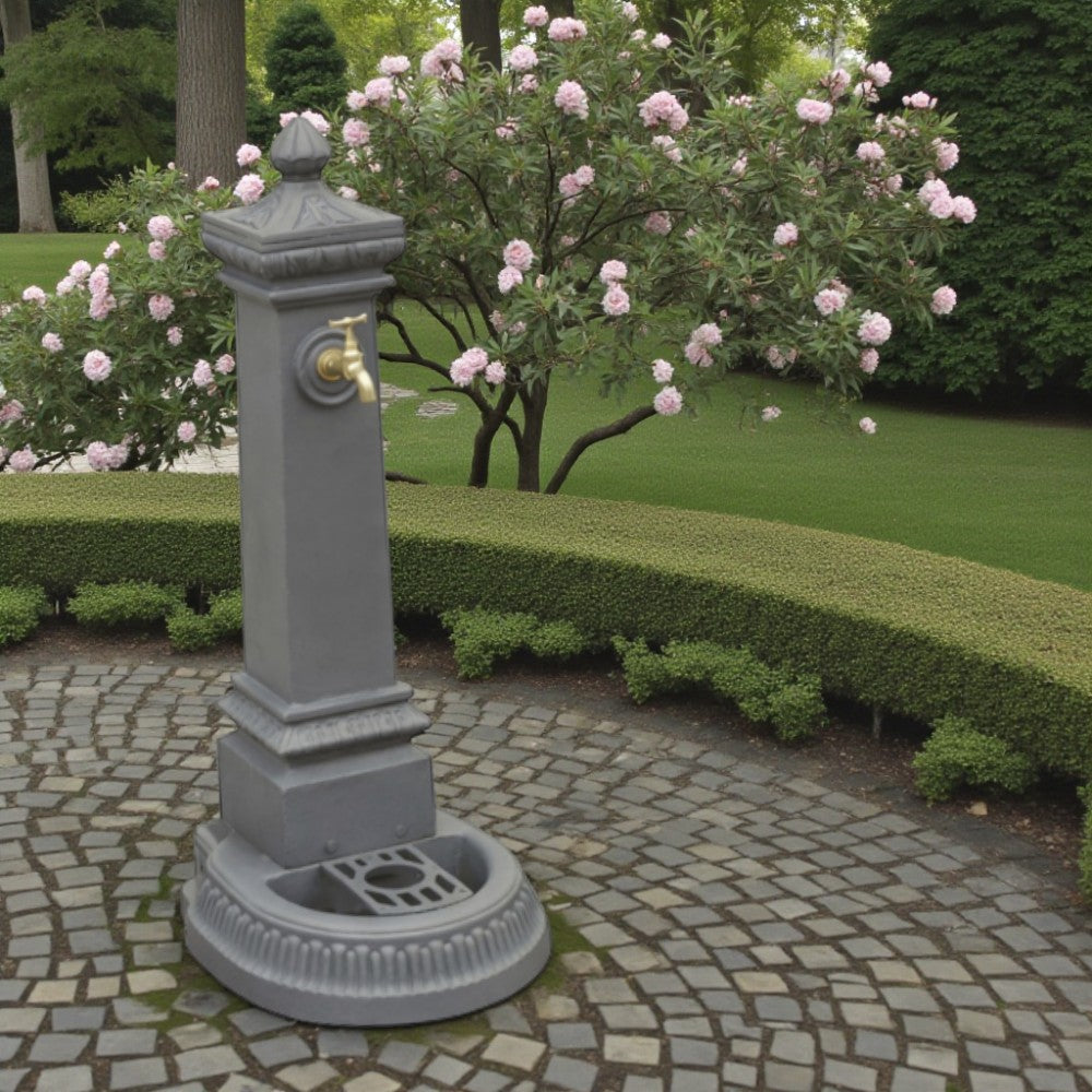 Fontana a colonna in ghisa decorata antracite con vasca troppo pieno e scarico non filettato Malin