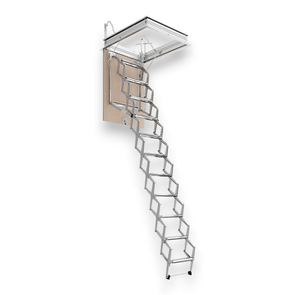 Scala a pantografo retrattile in acciaio con botola in legno 11 gradini H300 cm