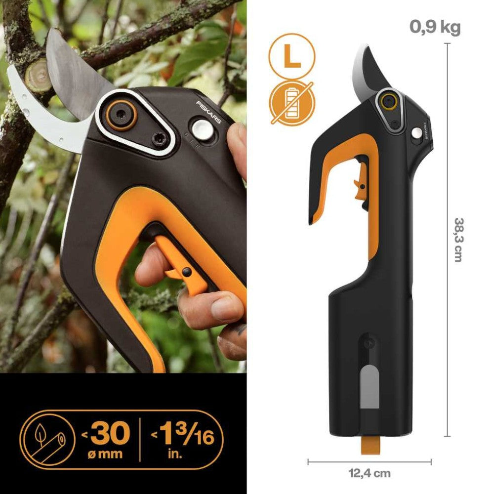 Forbici a batteria 12V con taglio rami Ø30 mm ed impugnatura morbida Fiskars Plus 1082298