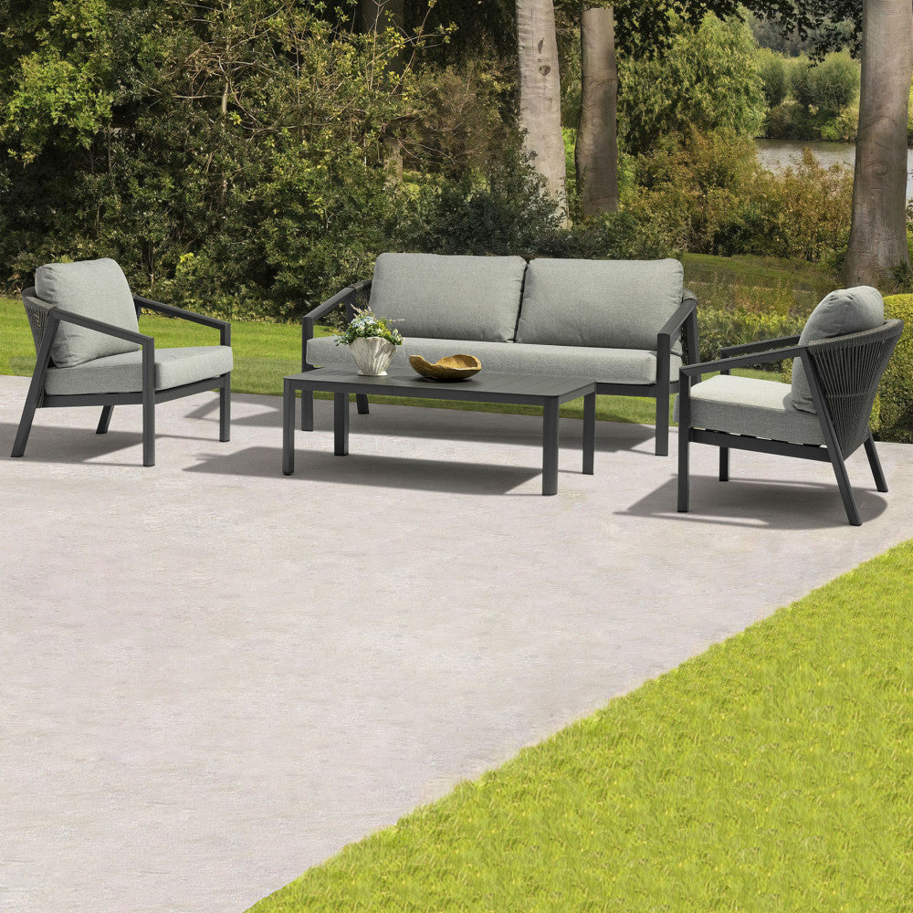 Set salotto da giardino struttura in alluminio con due posti e cuscini inclusi Tijuan