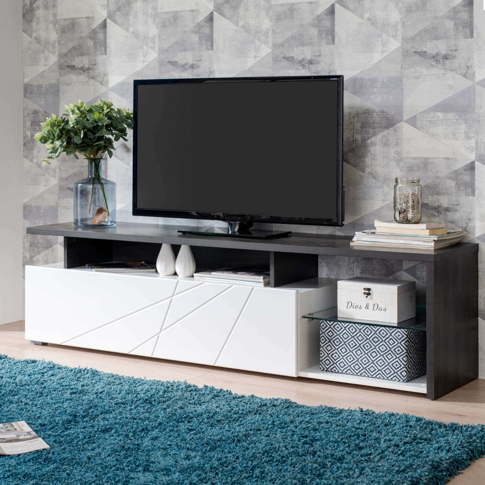 Élégant meuble TV en bois pour salon avec porte pliante blanche et étagère en verre Living TV