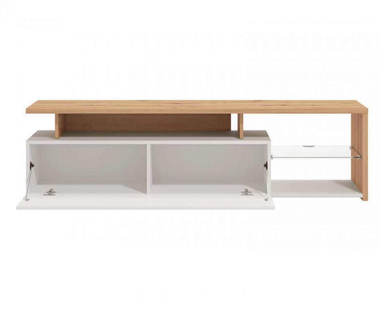 Élégant meuble TV en bois pour salon avec porte pliante blanche et étagère en verre Living TV